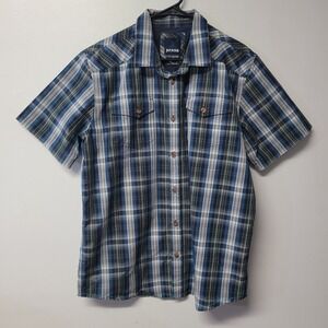 Prana Mens XL Blue Plaid Short Sleeve Button Down Shirt Organic Cotton Blend